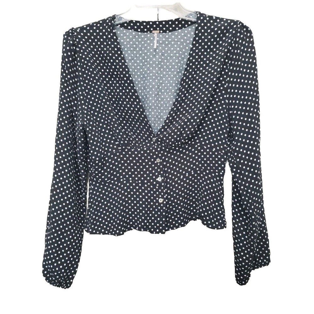 FREE PEOPLE Love Street Viscose Black Polka Dot Button-Up Blouse Size Large